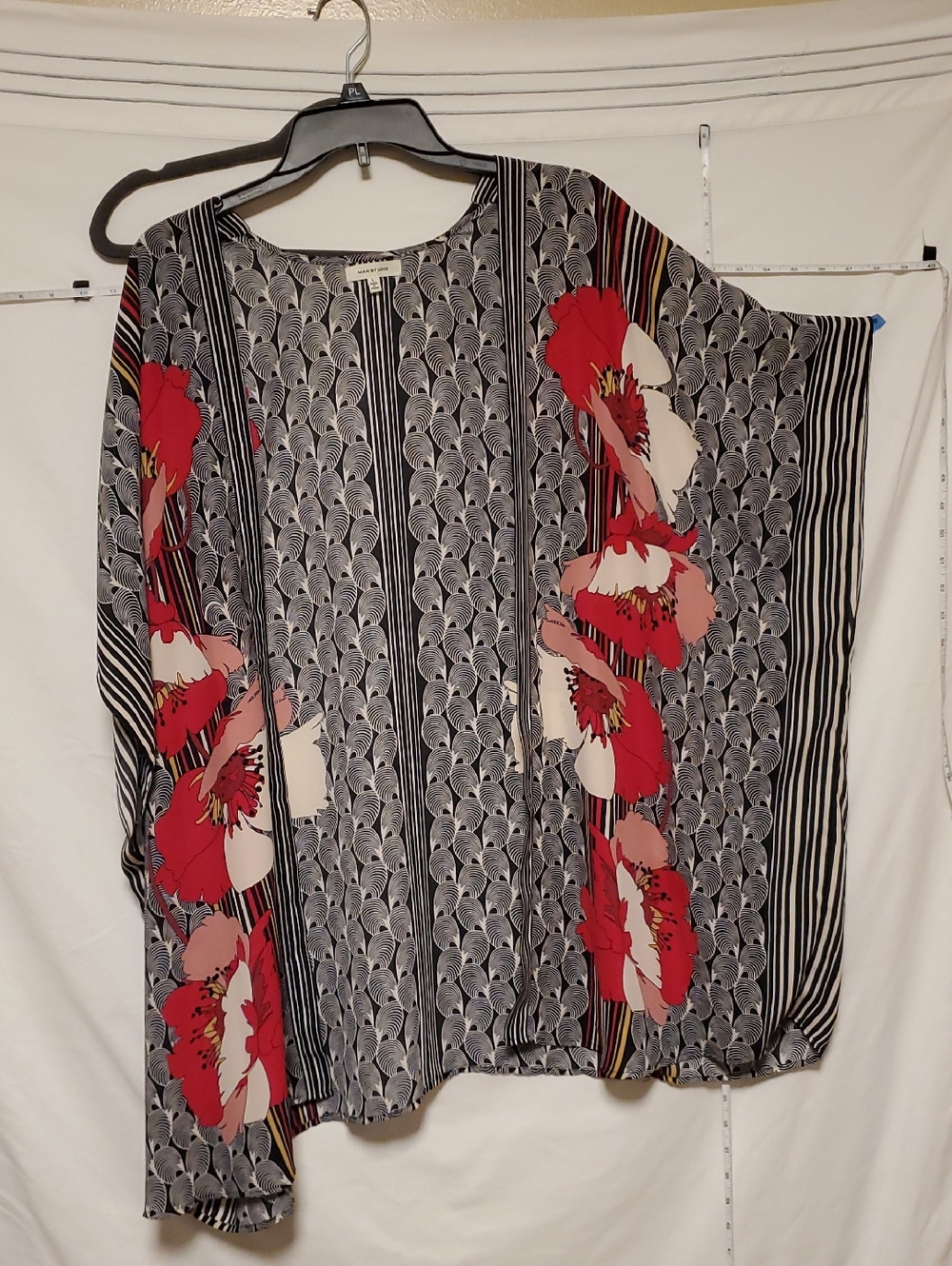 Max Studio Black, White & Red Floral Stripe Open Kimono